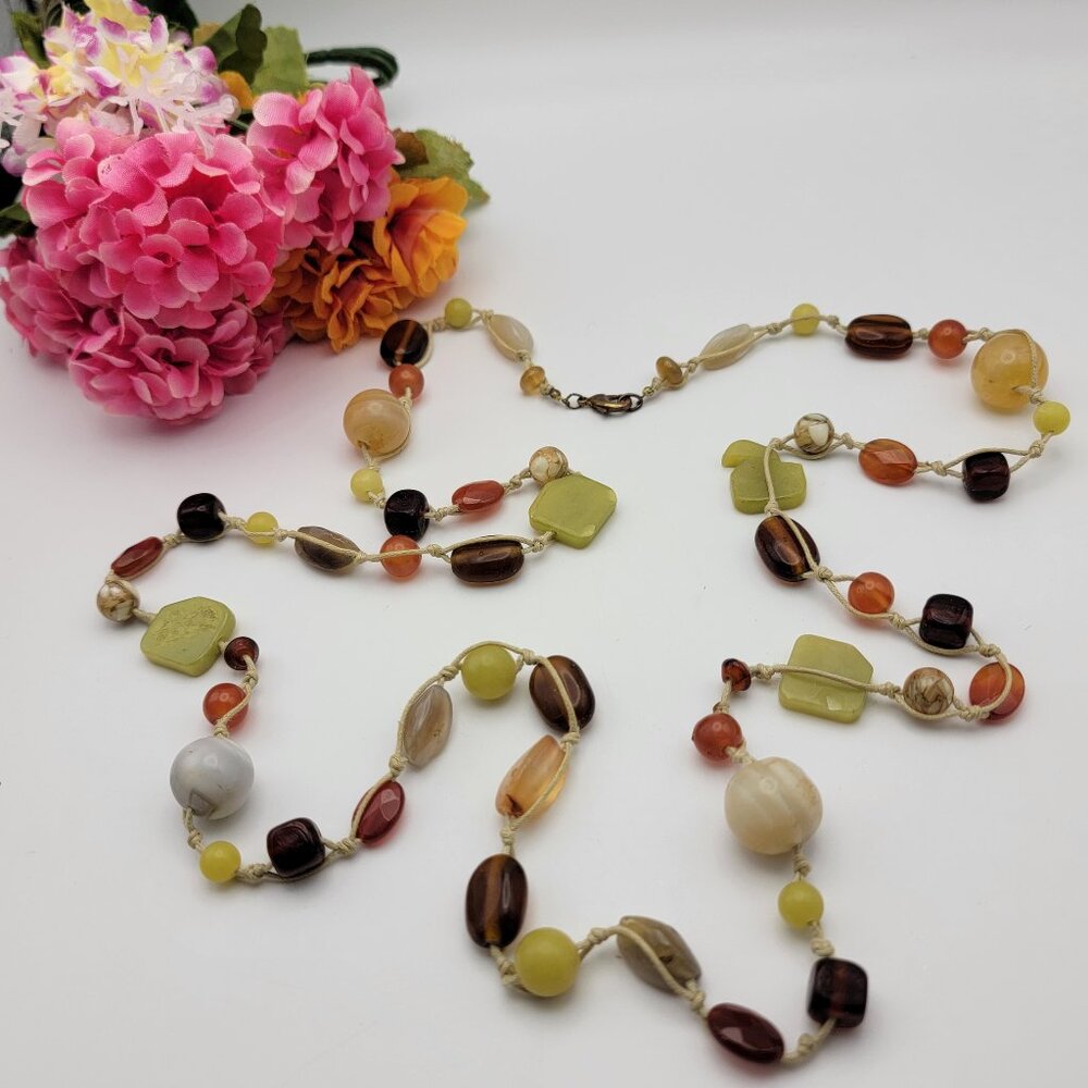 Vintage Artisan Hand Knotted Multicolor Agate Gemstone Cord Necklace 47" - Picture 1 of 11